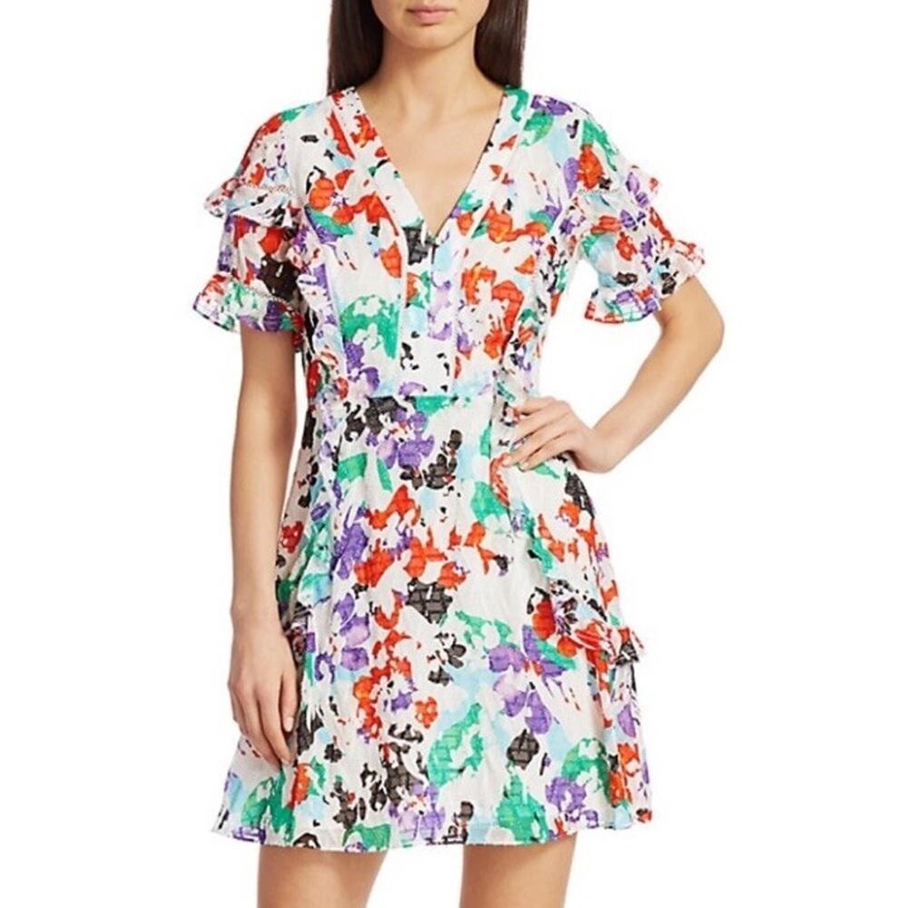 Tanya Taylor Rhett Silk Printed Ruffle V-neck Dress White Combo Women's Size 4